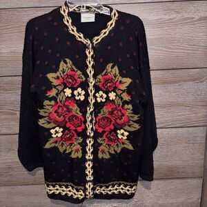 Gorgeous Womens Folk Style Pattern Black Rose Gold Floral Cardigan Sweater VTG